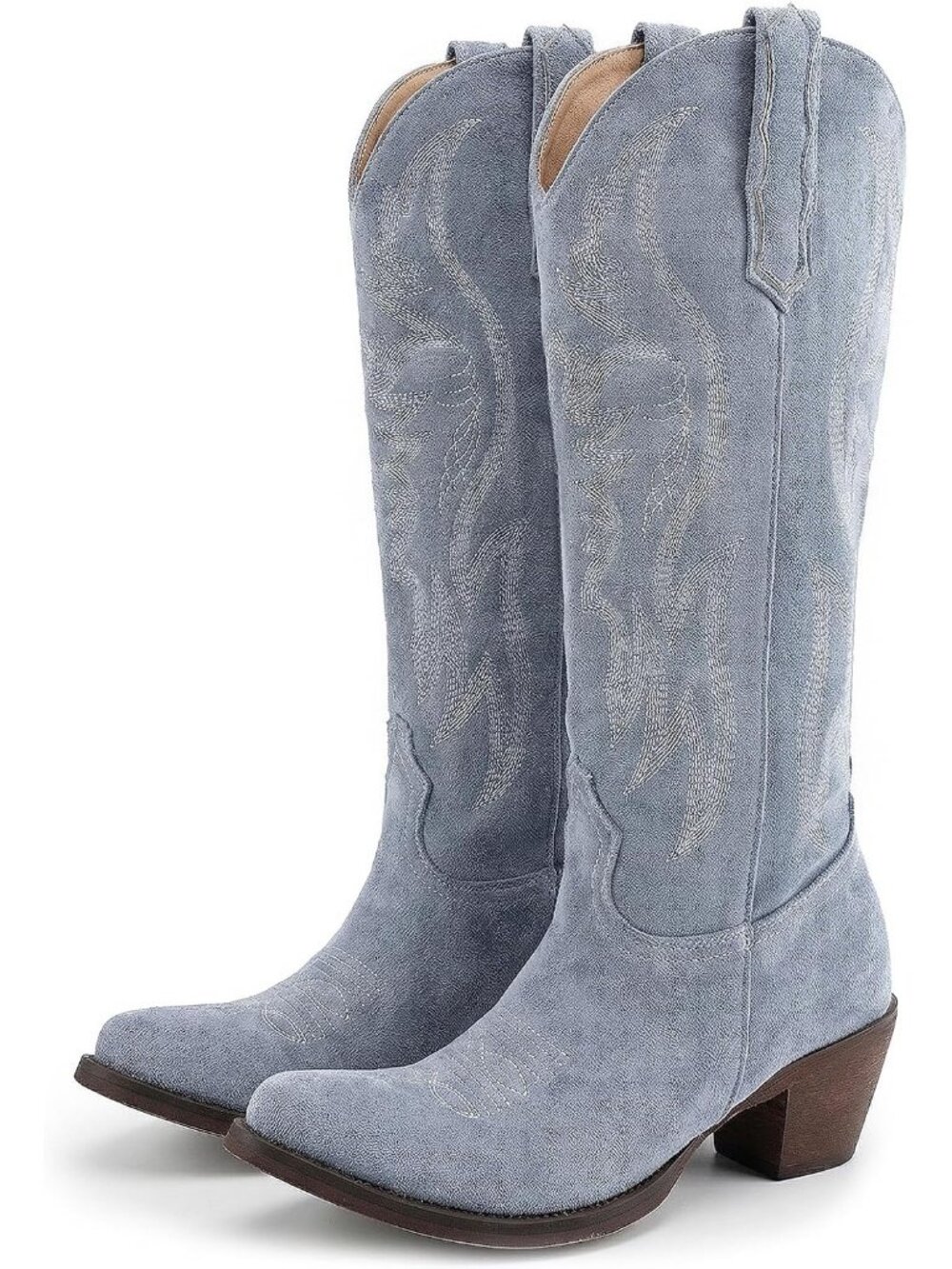 Women's Blue Mid Calf Cowboy Boots Western Pointed Toe Embroidered Heeled Boots